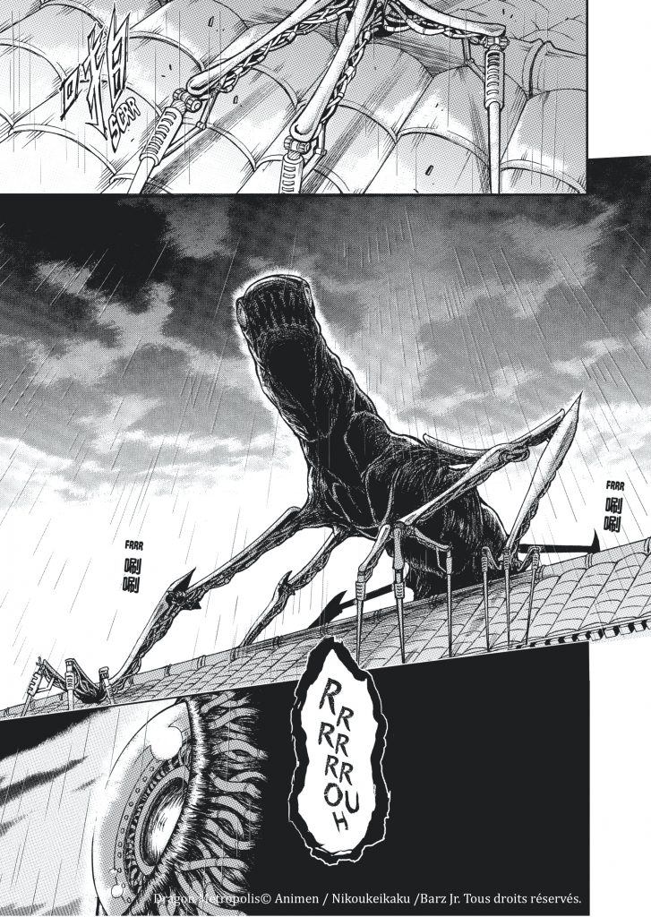 Une grosse bestiole en métal sur un toit